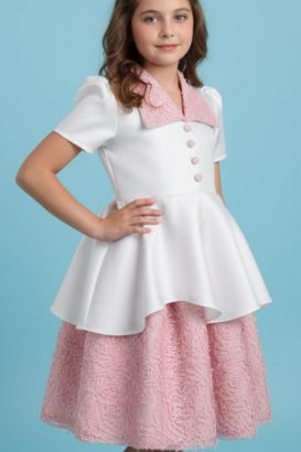 صورة فستان سهرة مزيج الفخامة والاناقه  باللونين الابيض والوردي